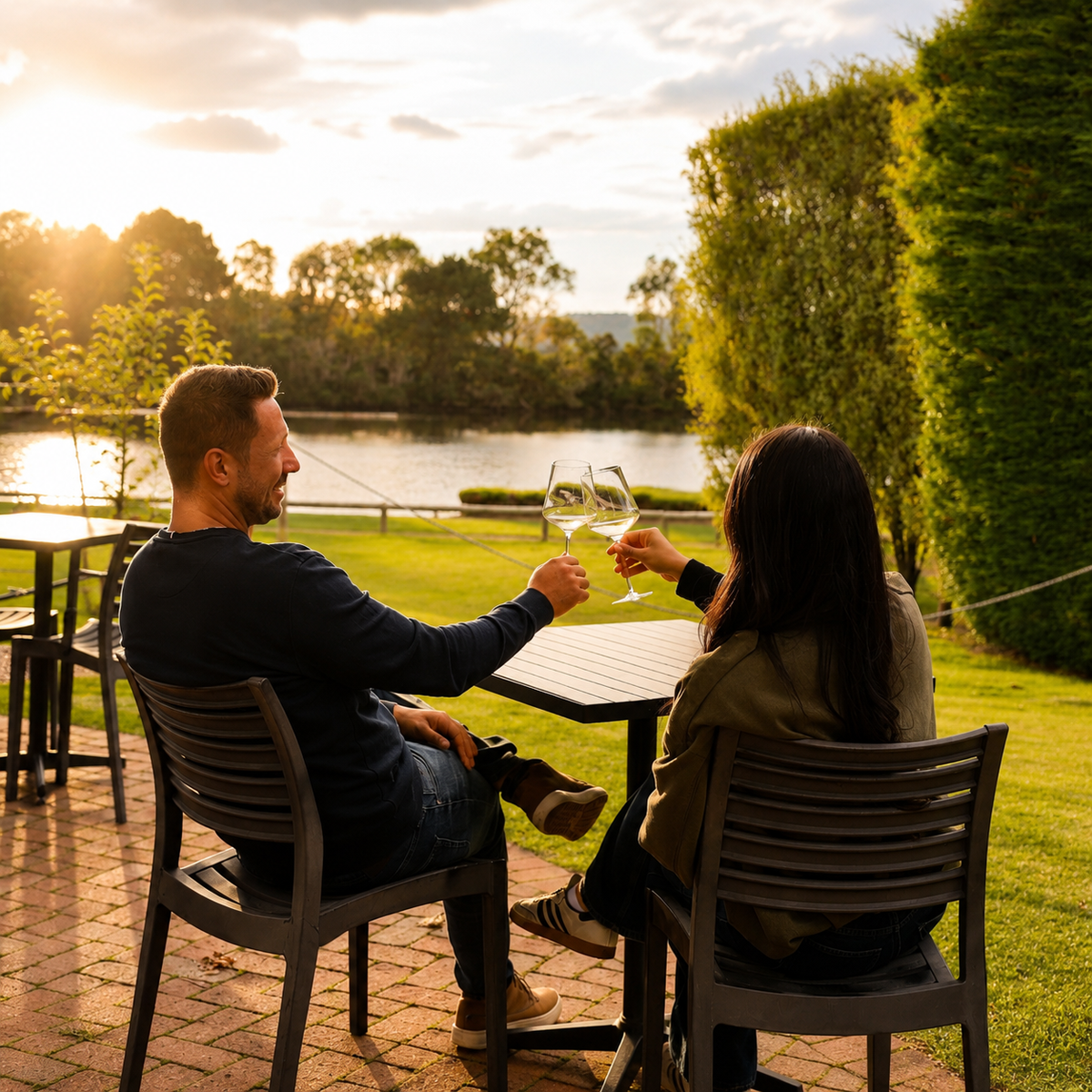A man and a woman sit at an outdoor patio table by a lake at sunset, clinking wine glasses. The scene is framed from behind them, showing their profiles against a lush green garden and warm golden hour light.