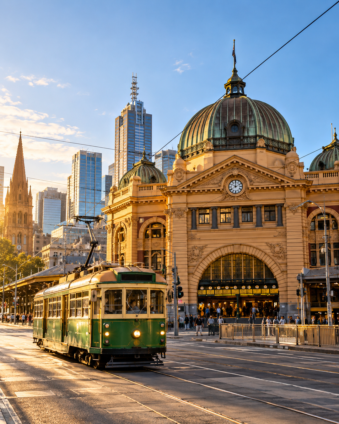 A green and cream vintage street tram traveling on tracks in front of the ornate Melbourne Station building with its large dome, set against a backdrop of modern skyscrapers and a blue sky.