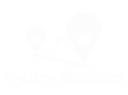 A very light gray to white graphic with two large location-pin icons and the words 'Mystery Adventures' in a faint script across the bottom.