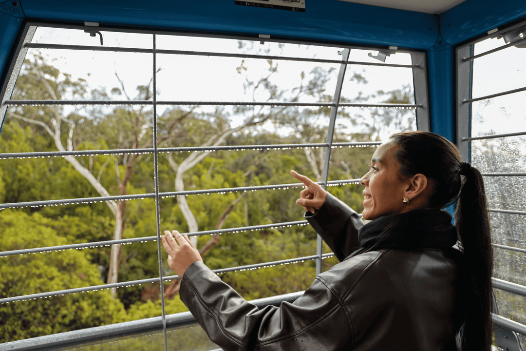 A woman in a black leather jacket points toward a metal security grille installed on a window, with a forest view outside and a blue frame around the window.