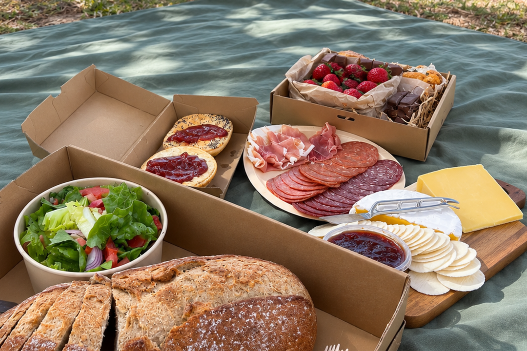 An outdoor picnic spread on a green blanket featuring a charcuterie board with sliced meats, cheese, crackers, a fresh salad, and assorted breads, arranged with open cardboard boxes.