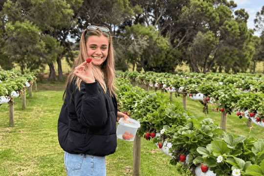 A smiling woman stands in a strawberry field holding a small clear container of strawberries and posing with one strawberry near her face. Rows of strawberry plants with green leaves and red fruit stretch behind her, with trees in the background.