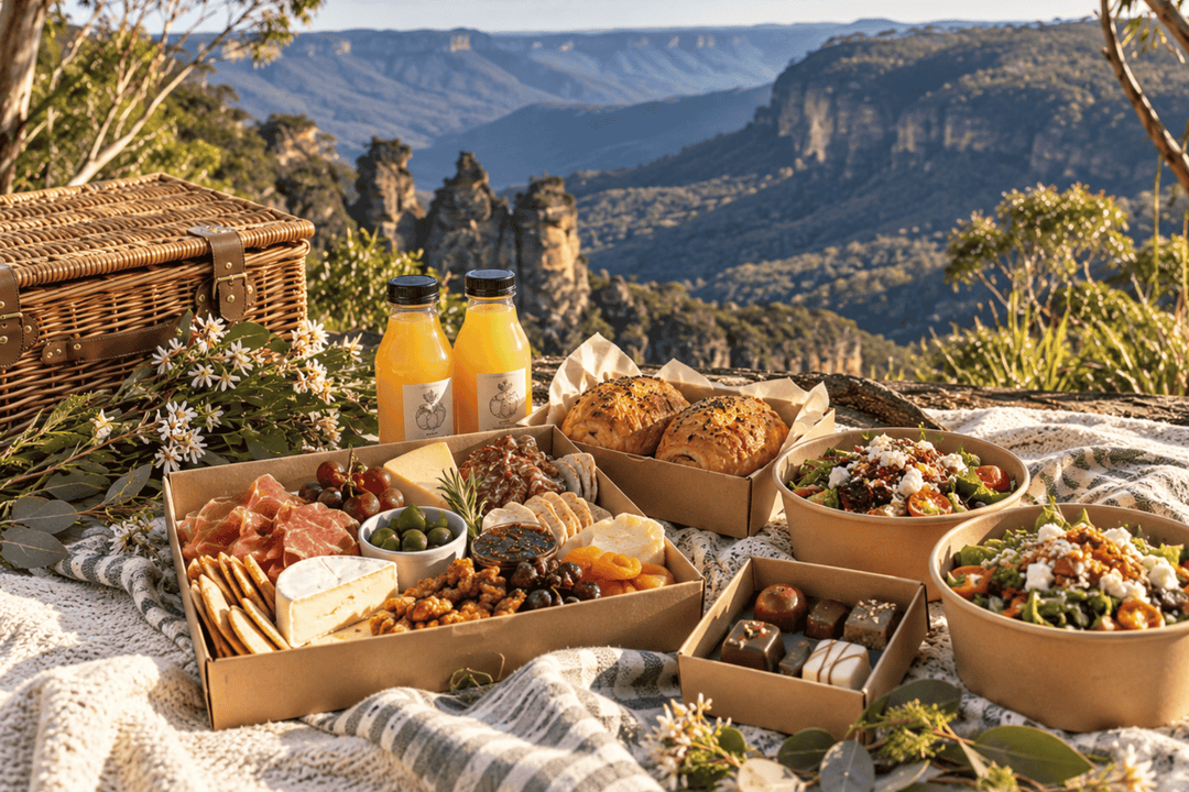 A beautifully arranged picnic spread on a blanket set against a stunning mountain landscape. The scene includes a wicker picnic basket, two bottles of orange juice, a charcuterie board with cheese, crackers, olives, and bread, bowls of salad and fruit, and chocolate-covered nuts, all styled with wildflowers.