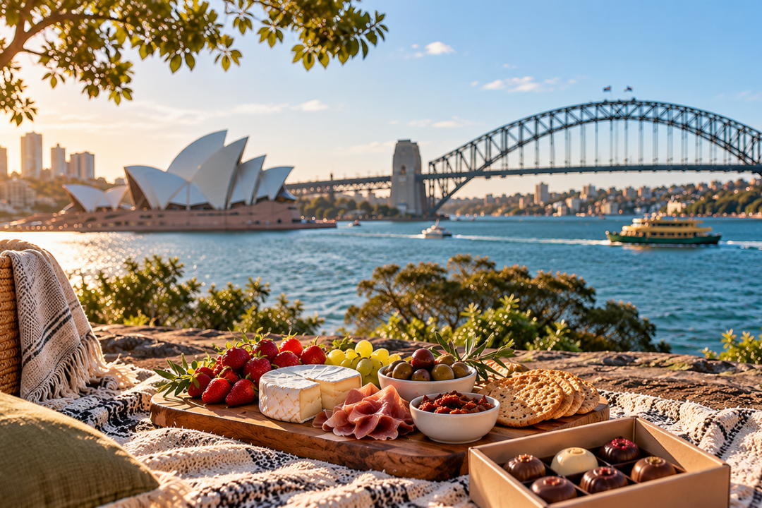A beautifully styled outdoor charcuterie board with cheese, strawberries, crackers, and chocolates set on a blanket in Sydney, with the Sydney Opera House, Harbour Bridge, and water in the background.