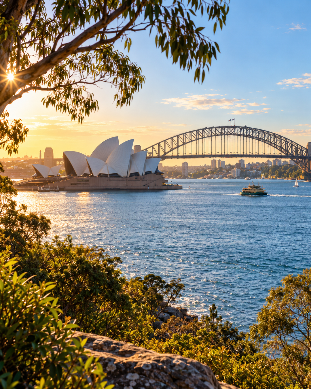Sydney Harbour landscape at sunset with the Sydney Opera House, Sydney Harbour Bridge, blue water, boats, and tree branches framing the scene.
